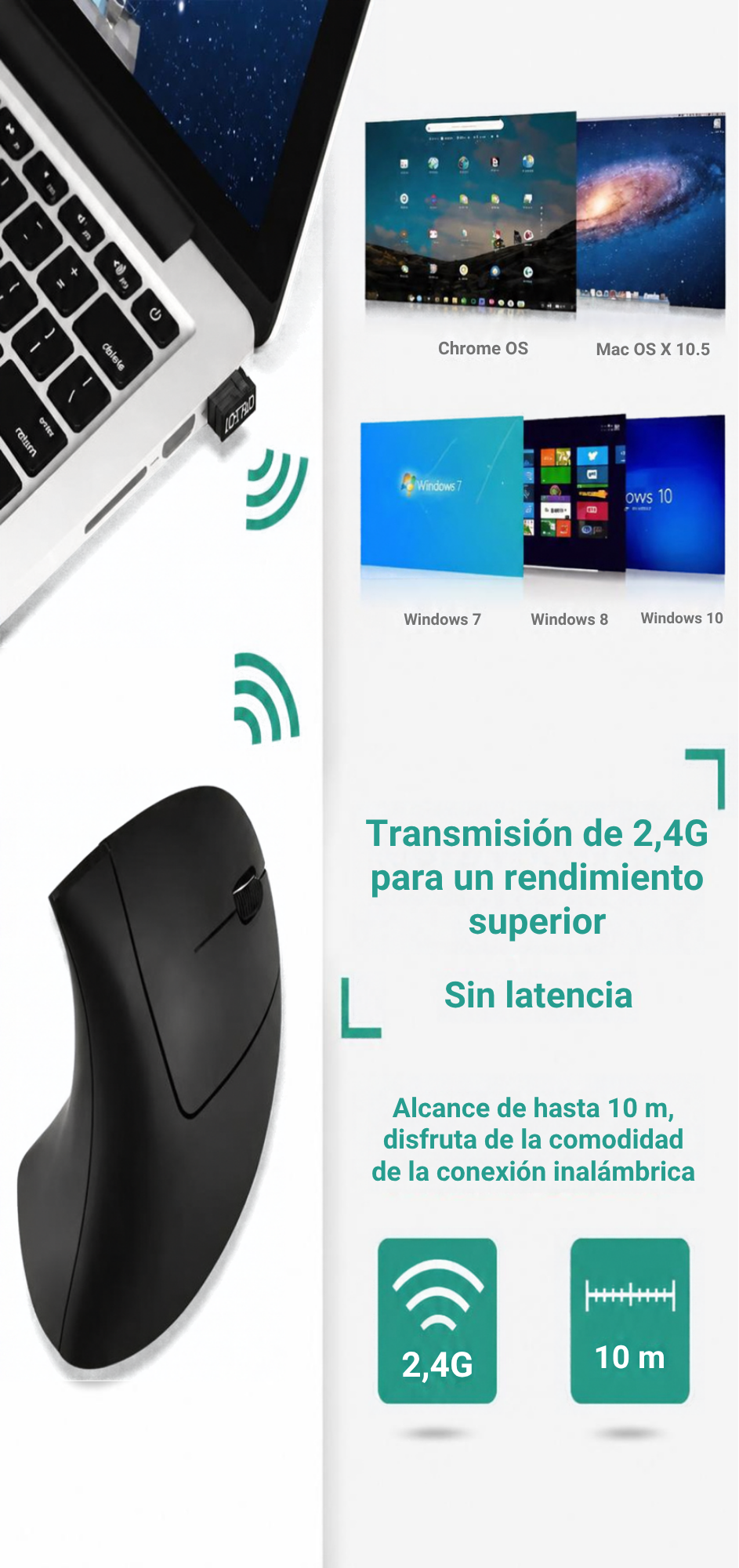 Ratón Inalámbrico Vertical Ergonómico – 6 Botones Silenciosos | Envío Gratis Chile