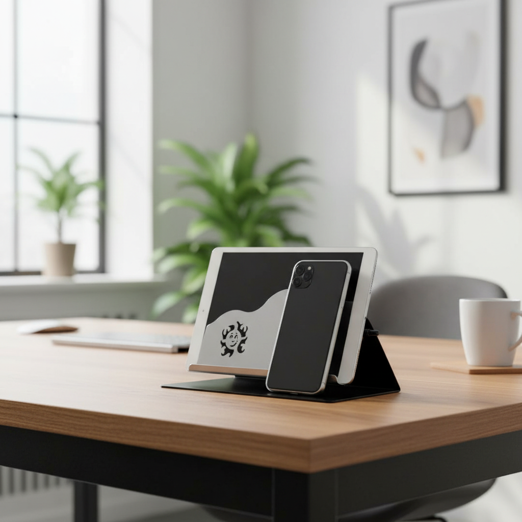 Porta celular y tablet de escritorio en oficina moderna - base negra mate
